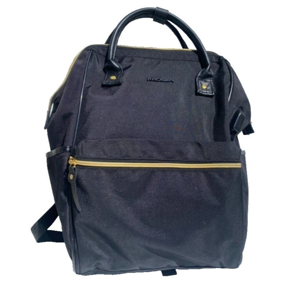 KROSER Black Laptop Backpack USB Charging Port Teal Lining Two Handles Gold Zip